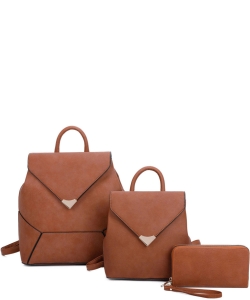Fashion Envelope Flap Backpack 3-in-1 Set LF21085T3 BROWN
